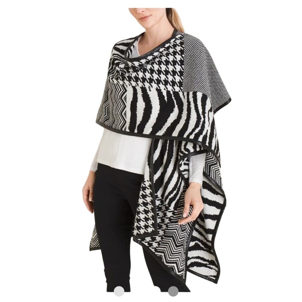 Chico’s Ruana Wrap Size S/M Zebra Mixed Knit NWT Colorblock Patchwork Versatile - Picture 2 of 11